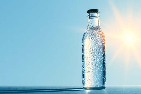 Chilled bottle of water with condensation.