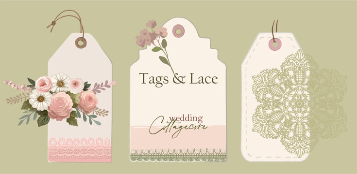 Tags and Lace - Cottagecore Wedding. A set of vector illustrations (lace, tags, botanicals) for branding, wedding design, or rustic home celebrations.
