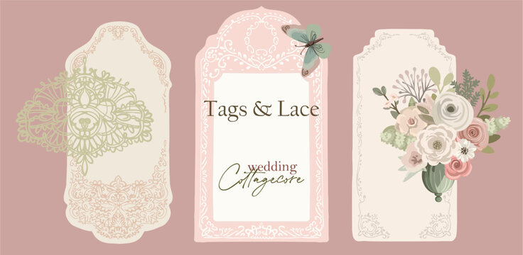 Tags and Lace - Cottagecore Wedding. A set of vector illustrations (lace, tags, botanicals) for branding, wedding design, or rustic home celebrations.