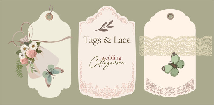 Tags and Lace - Cottagecore Wedding. A set of vector illustrations (lace, tags, botanicals) for branding, wedding design, or rustic home celebrations.