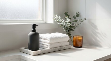 Minimalist bathroom vanity with soap dispenser, towels and candle