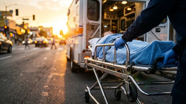 Emergency medical services scene featuring a paramedic pushing a patient on a stretcher toward an ambulance at sunset.