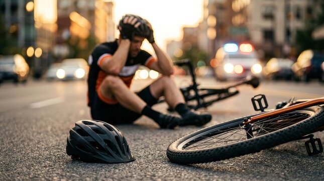 Injured cyclist sitting on the road after a bike accident in a metropolitan urban setting.