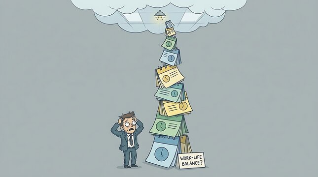 Businessman overwhelmed by a towering stack of papers falling from the cloud