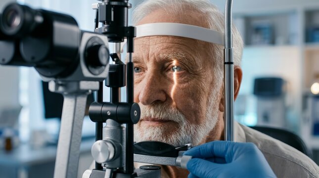 A clinical slit lamp assessment of an elderly man's eye for detailed lens and cornea inspection.