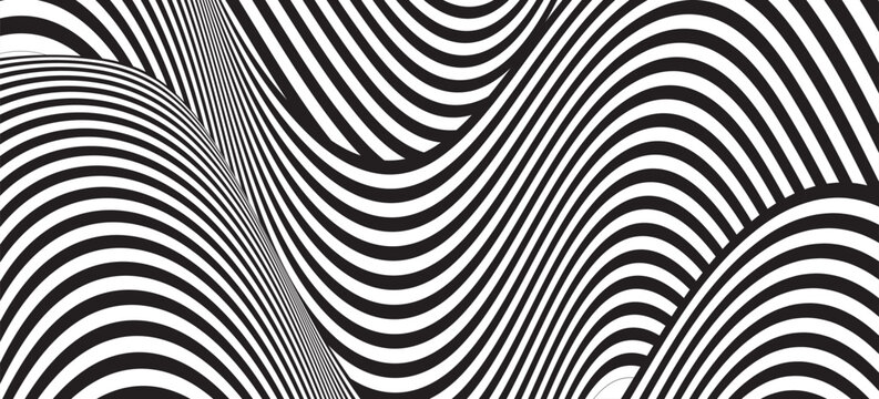 Psychedelic lines. Abstract pattern. Texture with wavy  curves stripes. Optical art background. Wave design black and white. Vector illustration.