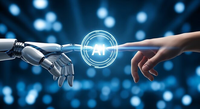 Artificial intelligence concept with robot and human hands touching