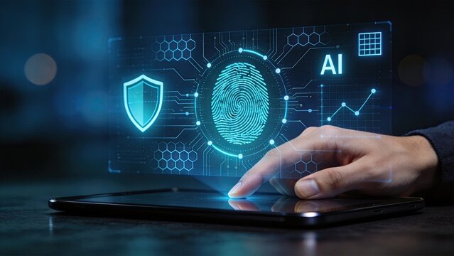 Fingerprint biometric security authentication on tablet with AI technology, concept of cyber security, identity verification and data protection for digital privacy and safe