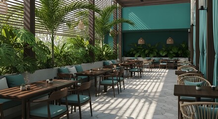 Fototapeta premium Elegant rooftop restaurant with lush greenery and comfortable seating