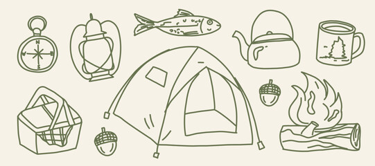 Hand Drawn Camping Elements Collection, Cute Doodle Line Art Set of Outdoor Adventure and Camping Equipment Clipart Isolated on Plain Background for Graphic Design Banner or Pattern © Sinta Alfa