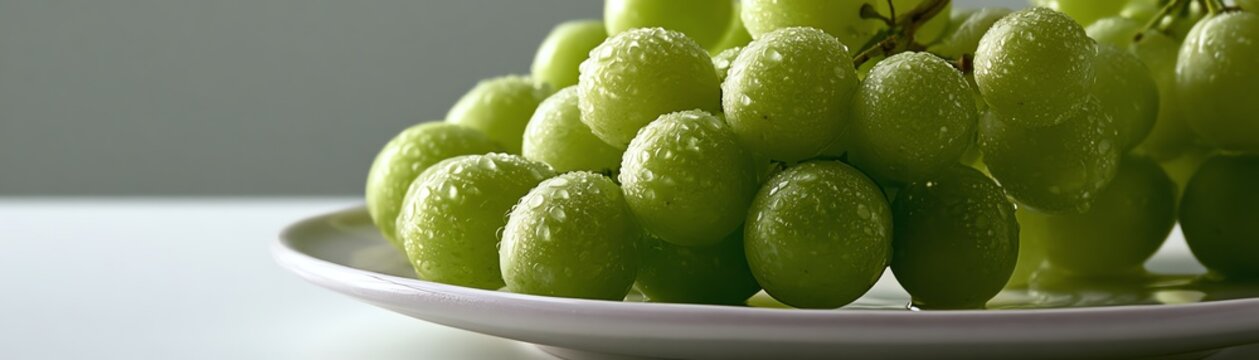 Fresh green grapes on a white plate.