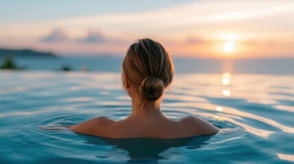 Obraz premium Rear view of a woman relaxing in an infinity pool at sunset.