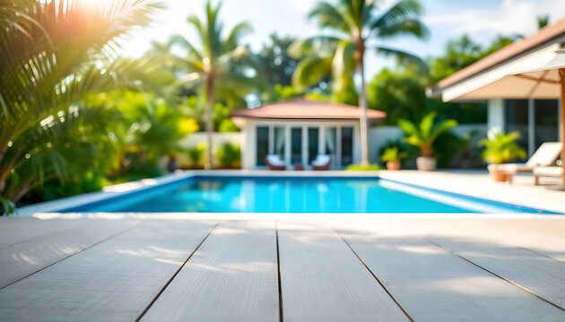 A serene backyard scene features a pool surrounded by palm trees and a house.