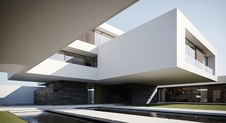 Fototapeta premium Stunning Modern Minimalist Architecture with Clean Lines and Reflective Water Feature Under Clear Skies
