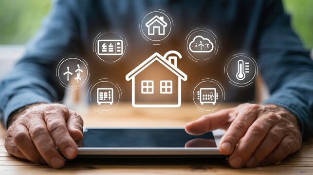 Smart home concept. Hands hold tablet and control home system as energy, conditioning, temperature and more. Wireless system.