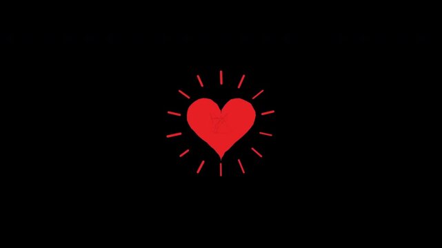 Hand drawn red heart illustration pulsing with radiating lines on white background, stop motion animation, love doodle, Valentine symbol, heartbeat sketch, romance, scribble 4k video