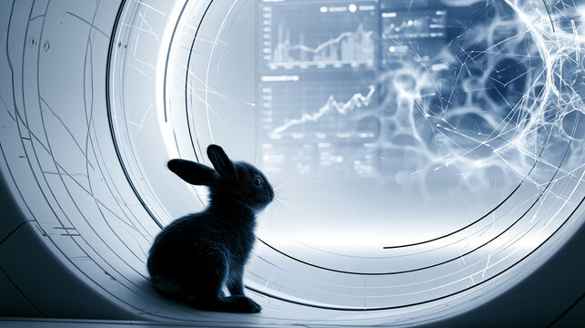 Little black rabbit inside a futuristic circular observation capsule looking at digital lab data screens