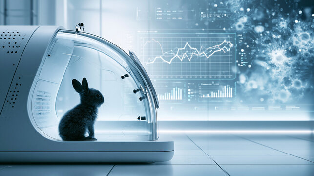 Small rabbit inside a futuristic high tech incubator with large vital data monitor in background