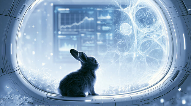 Futuristic 3D render of a rabbit in a white oval capsule observing glowing neural network visuals