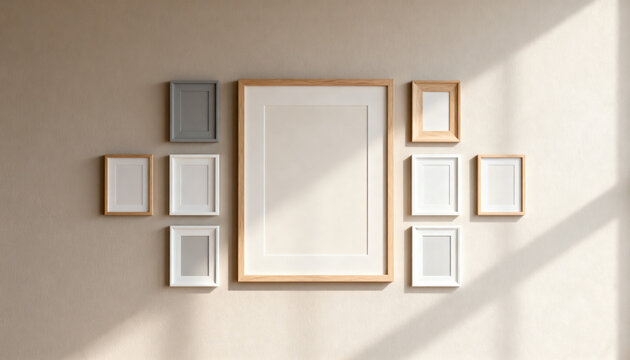 gallery wall mockup featuring neutral tones and a better one dominant empty frame with clean aesthetic for modern poster artwork design
