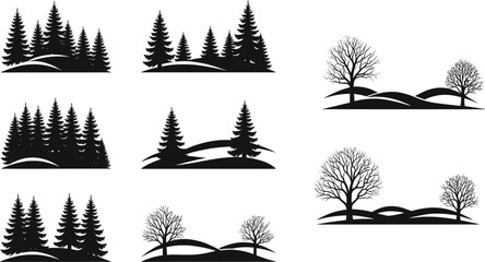Set of black silhouettes of coniferous pine forests and bare deciduous trees on hills isolated on white background © MdSaiful
