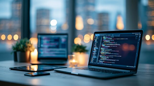Software development coding process concept. Programming, testing cross platform code, app on laptop, tablet, phone. Create, editing script desktop and mobile devices. Technology software of business.