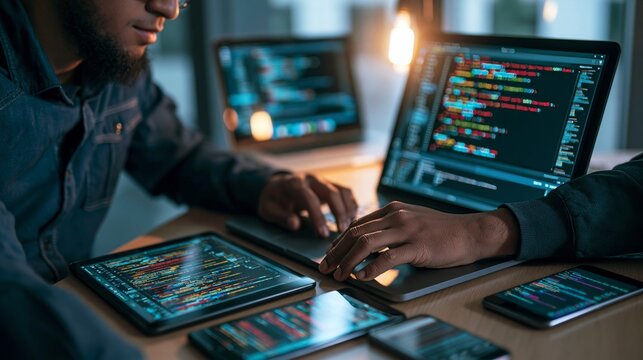 Software development coding process concept. Programming, testing cross platform code, app on laptop, tablet, phone. Create, editing script desktop and mobile devices. Technology software of business.