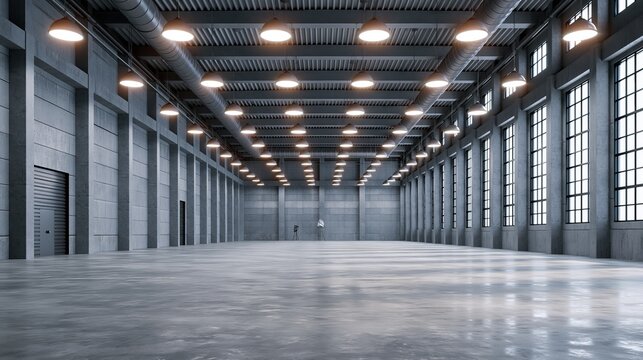 Spacious industrial warehouse featuring bright overhead lights, large open area, and tall ceilings. concrete walls and floor create a versatile environment for storage or events. 3d render.