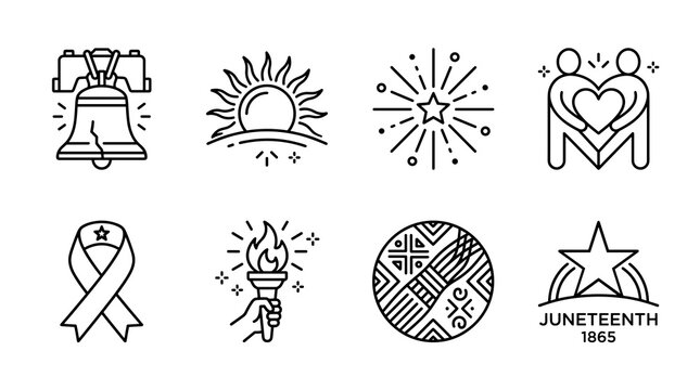 A vibrant collection of symbolic line art icons celebrating themes of freedom, heritage, and unity, representing historical milestones and cultural pride