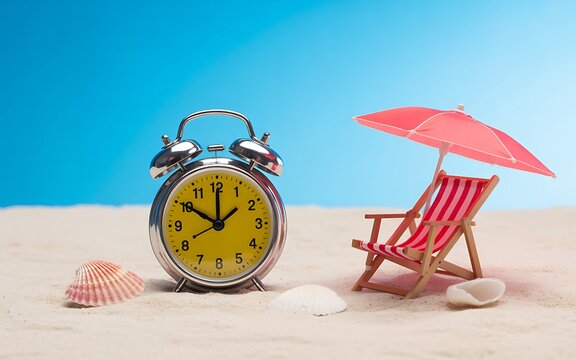 Classic alarm clock and small beach chair with red umbrella on white sand against a blue background