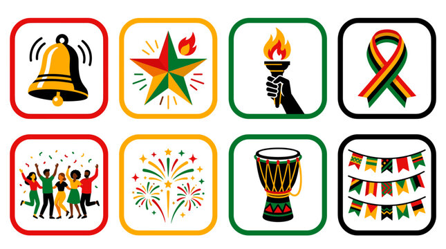 Collection of African heritage and cultural celebration icons, including Kwanzaa symbols and festive elements