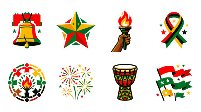 Juneteenth Celebration Icons Bell, Star, Torch, Ribbon, People, Fireworks, Drum, and Flags
