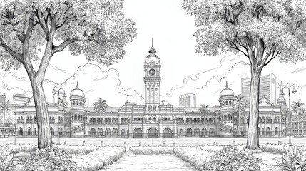 Obraz premium Sultan Abdul Samad Building Dataran Merdeka Line Art Illustration, A black and white line art illustration of the Sultan Abdul Samad Building located at Dataran Merdeka (Merdeka Square) in Kuala