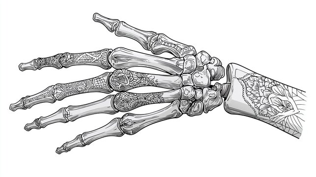 Stylized Skeleton Hand Anatomy Zentangle Line Art, Detailed line art illustration of a human skeleton hand with intricate patterns on the bones, reminiscent of Zentangle or adult coloring book