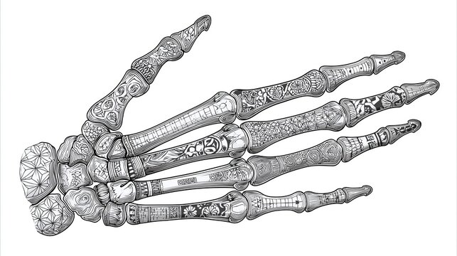 Stylized Skeleton Hand Anatomy Zentangle Line Art, Detailed line art illustration of a human skeleton hand with intricate patterns on the bones, reminiscent of Zentangle or adult coloring book