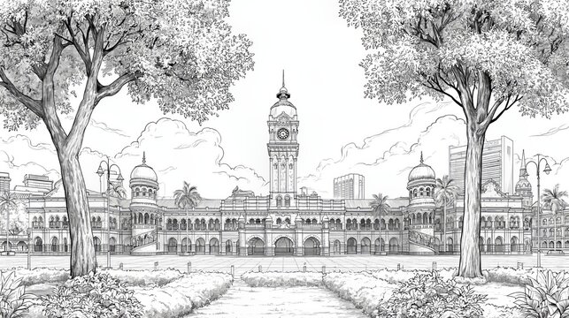 Sultan Abdul Samad Building Dataran Merdeka Line Art Illustration, A black and white line art illustration of the Sultan Abdul Samad Building located at Dataran Merdeka (Merdeka Square) in Kuala