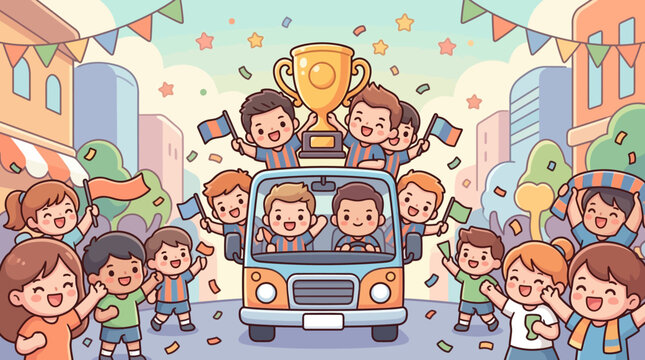 Vector illustration of cute chibi style children in a football parade wearing team jerseys and carrying soccer balls and banners in a festive sports celebration event.