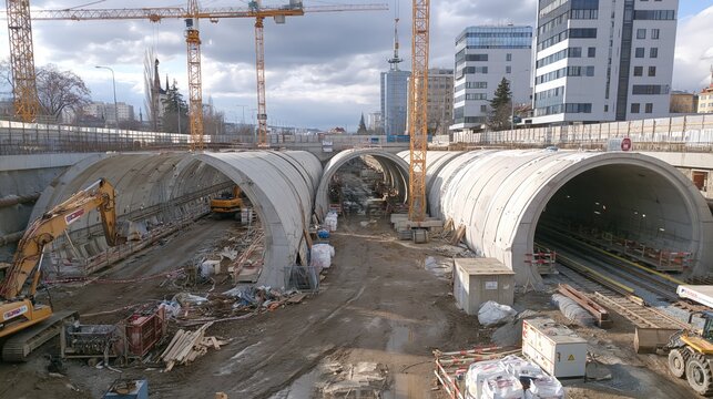 undergroung building site of prague new metro line D under construction