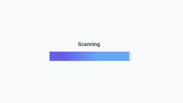 Animated scanning progress bar with gradient loading indicator and status text. Clean flat motion graphic for data scanning, system inspection, analysis processes, cybersecurity checks, and digital te