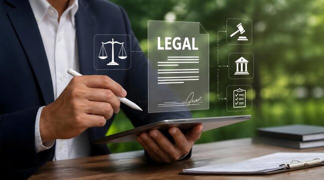 Legal services, lawyer and businessman using tablet for electronic signature and law document management. Digital icons, attorney and justice with technology, court and corporate contract online.