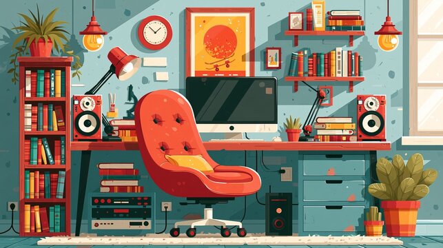 Vector image of the workroom with computer, books, poster, speakers and luminous