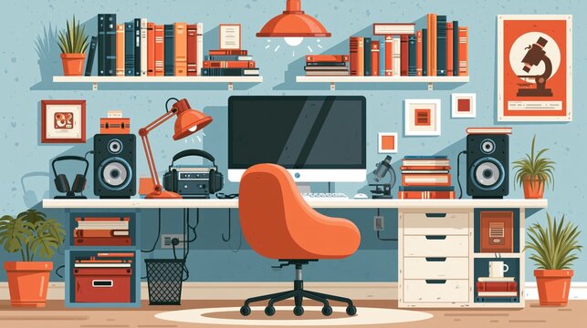 Vector image of the workroom with computer, books, poster, speakers and luminous