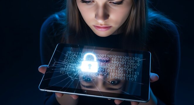 Young woman looking at a cracked tablet screen with a digital padlock icon
