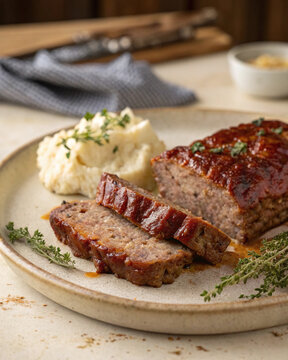 Photorealistic homemade meatloaf slices with caramelized glaze and mashed potatoes, warm farmhouse lighting, cozy comfort food hero composition