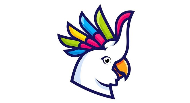 Colorful cartoon parrot with rainbow feathers perched on branch.