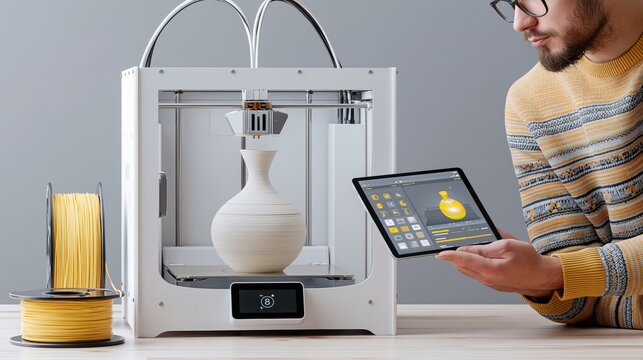 White 3d printer with filament spool. 3d printer printed vase. Maker hold tablet in hand. Mobile interface with 3d model. Tablet showing progress printing 3d model. Additive technology for hobby, diy