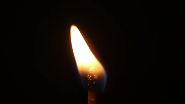 A lit wooden match against a black background: a small white flame ignites on the match head, flickers and becomes orange in color, then curves to the side, burning brightly. Goes out smoothly