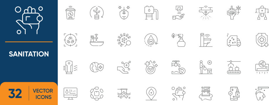 Sanitation Icon Set. Containing Hygiene, Clean, Tooth, Lavatory, Garbage, Sanitize, Antiseptic, Disinfect and more. Editable vector Line icons collection.