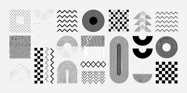 Geometric pattern collection with lines circles and checkered shapes