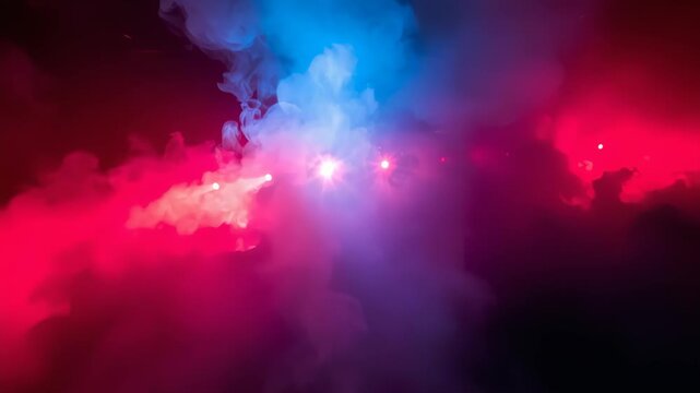 A dramatic abstract image features swirling clouds of vibrant blue and pink smoke illuminated by bright, ethereal lights, creating a mystical and energetic atmosphere against a dark backdrop.